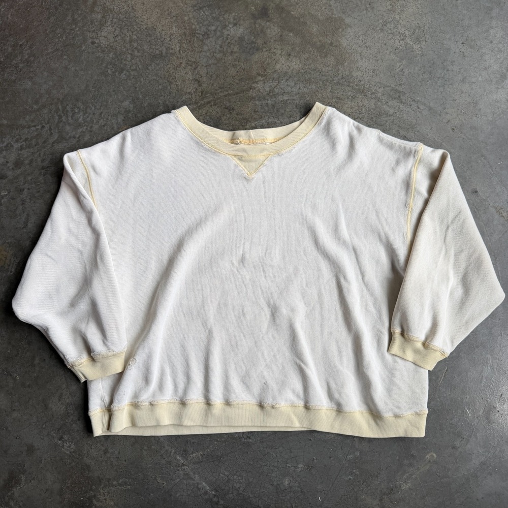 Vintage Single V Sweatshirt Contrast Collar Cream Ivory Oversized Crop 23x23